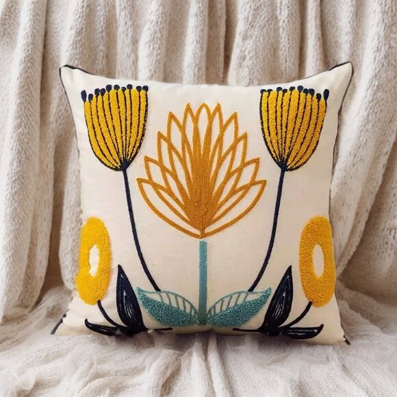 Floral Pillow Cover Embroidered Decorative Boho Decor Bohemian Accent Decoration - Picture 5 of 14